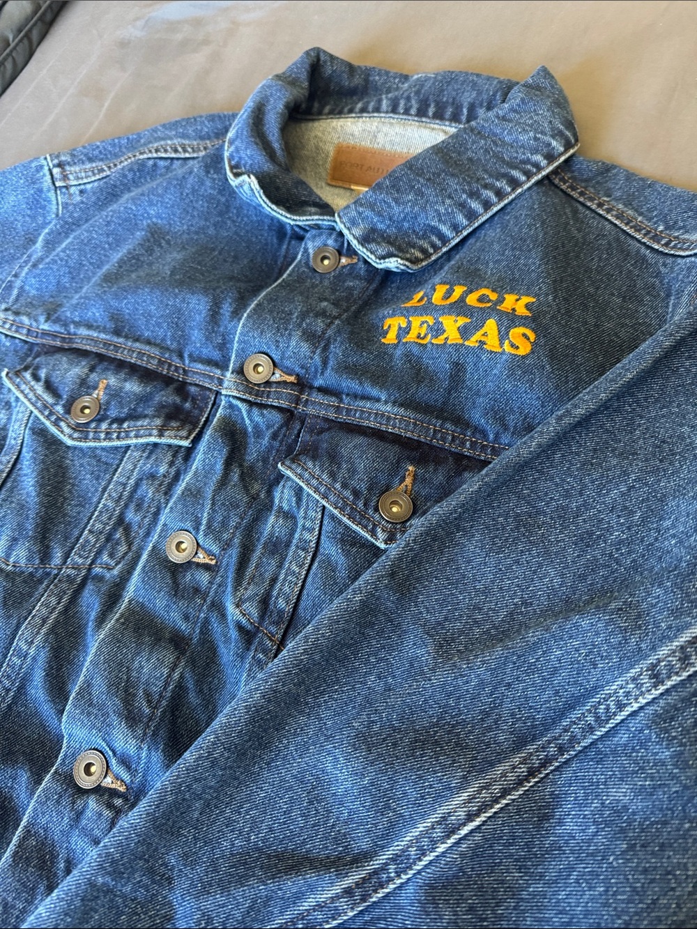 Port Authority Blue Denim Jacket with Yellow 'Luck Texas' Embroidery